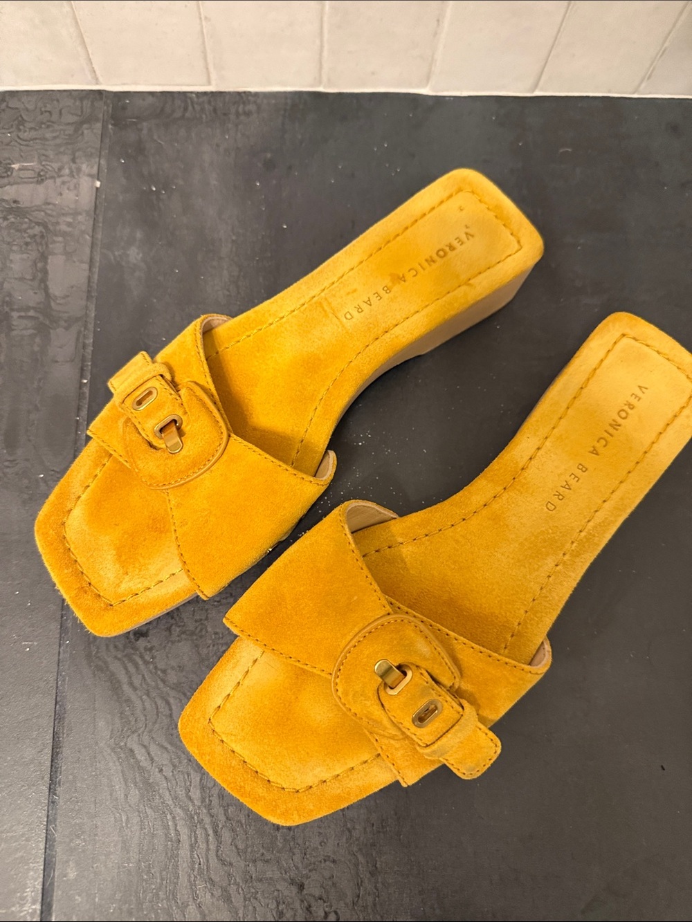 Veronica Beard Yellow Suede Buckle Slide Mules